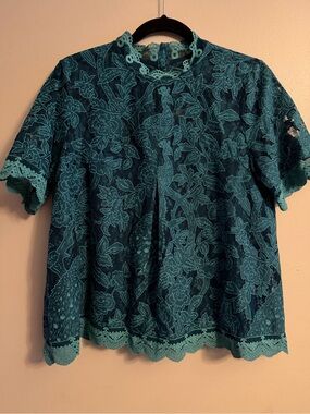 HD in Paris Teal Floral Lace Short-Sleeve Blouse
